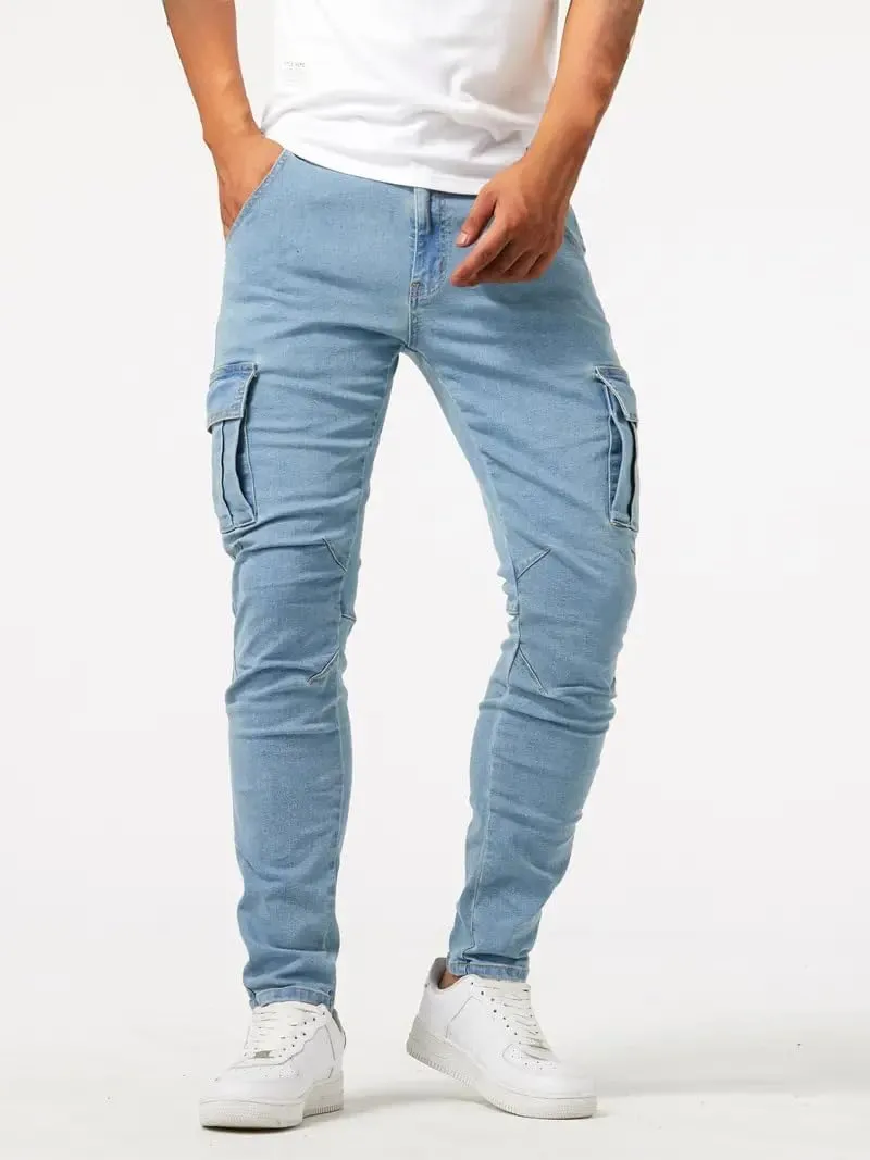 Men's Denim Jeans Mid Waist Stretch Jeans Skinny Distressed Pants Slim Fit Straight Leg Athletic Pants with Pockets