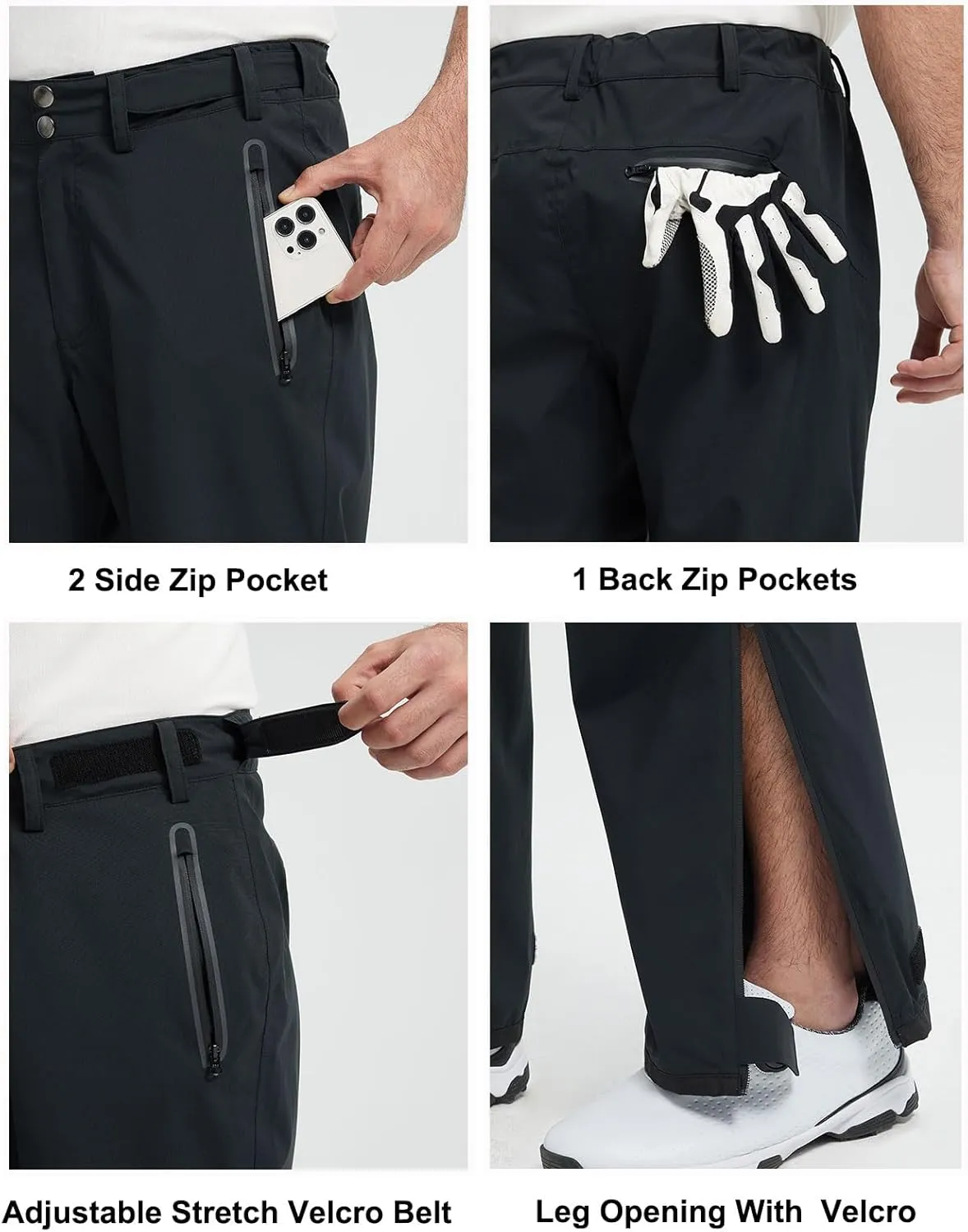 Men's Golf Pants Waterproof Comfort-Fit Rain Pants Lightweight Breathable Hiking Pants with Pockets