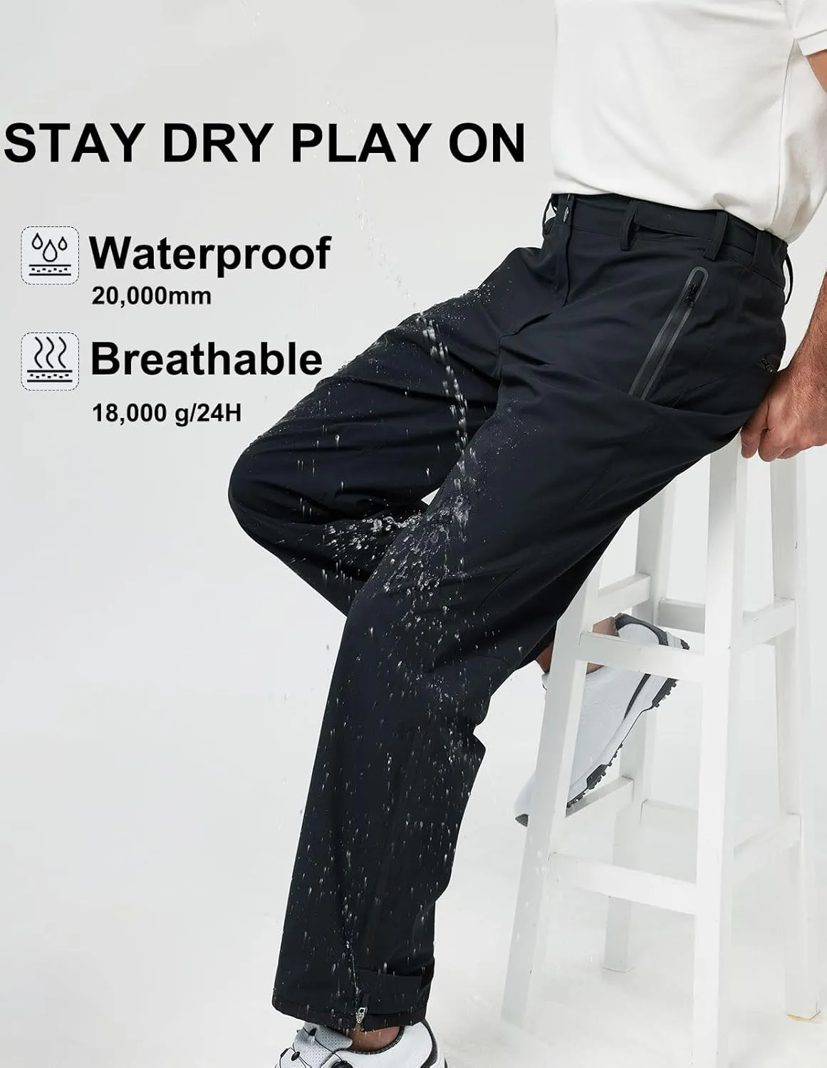 Men's Golf Pants Waterproof Comfort-Fit Rain Pants Lightweight Breathable Hiking Pants with Pockets