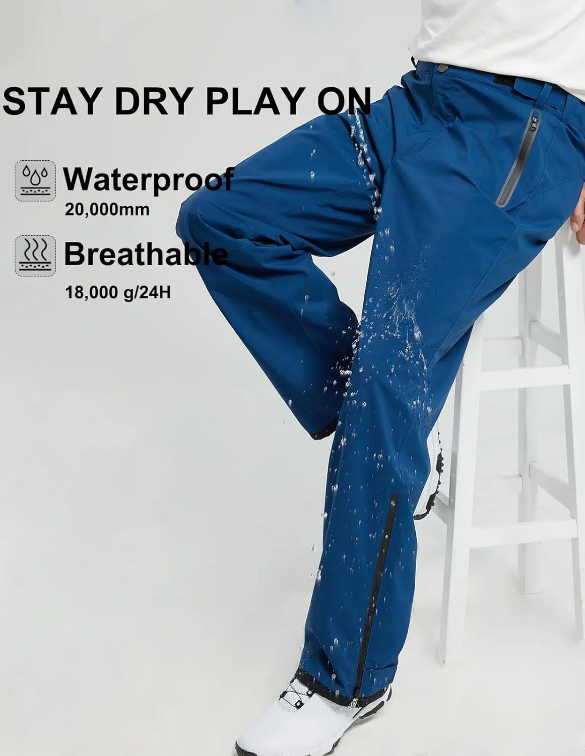 Men's Golf Pants Waterproof Comfort-Fit Rain Pants Lightweight Breathable Hiking Pants with Pockets
