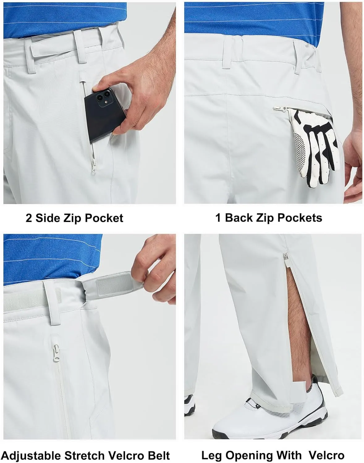 Men's Golf Pants Waterproof Comfort-Fit Rain Pants Lightweight Breathable Hiking Pants with Pockets