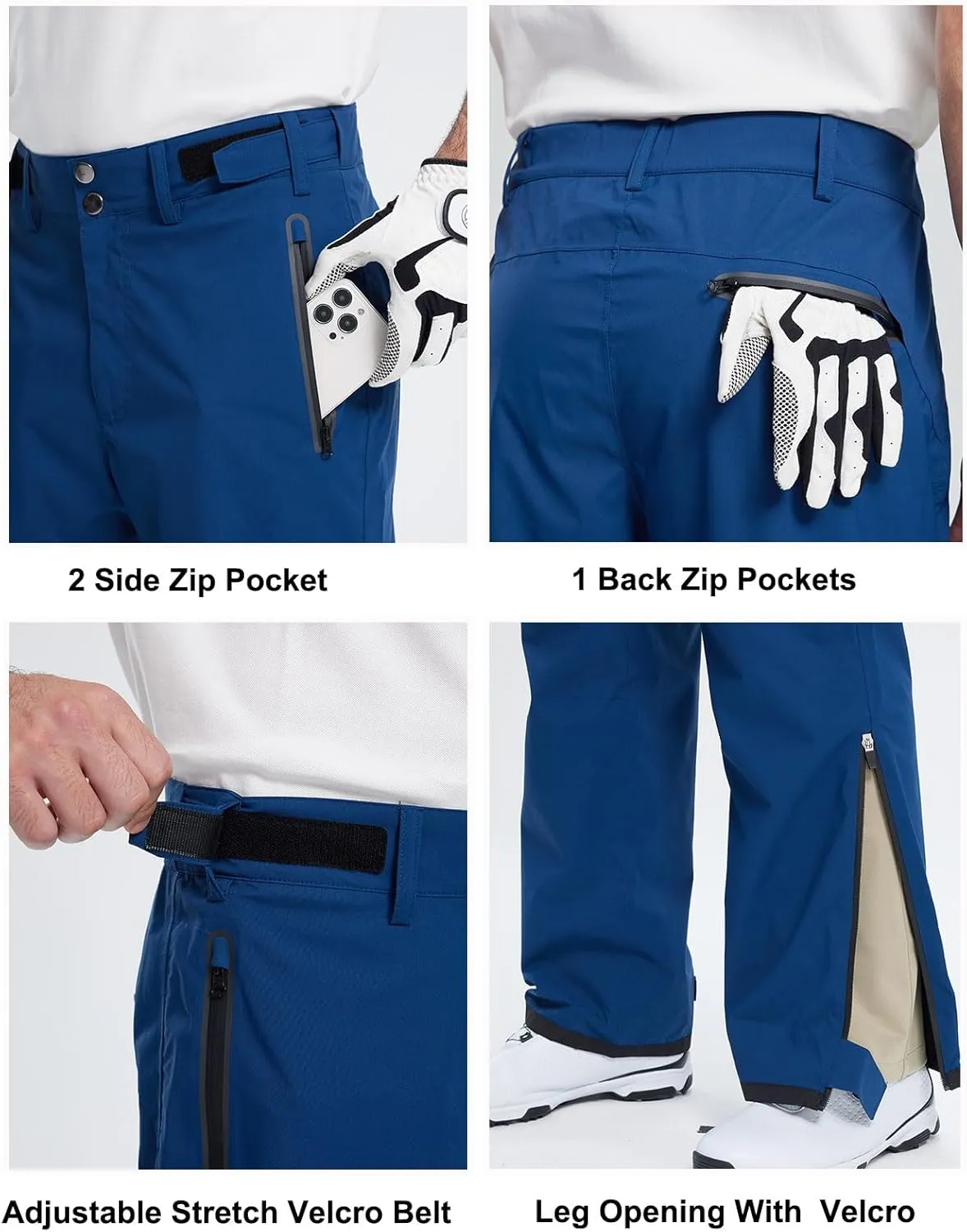 Men's Golf Pants Waterproof Comfort-Fit Rain Pants Lightweight Breathable Hiking Pants with Pockets