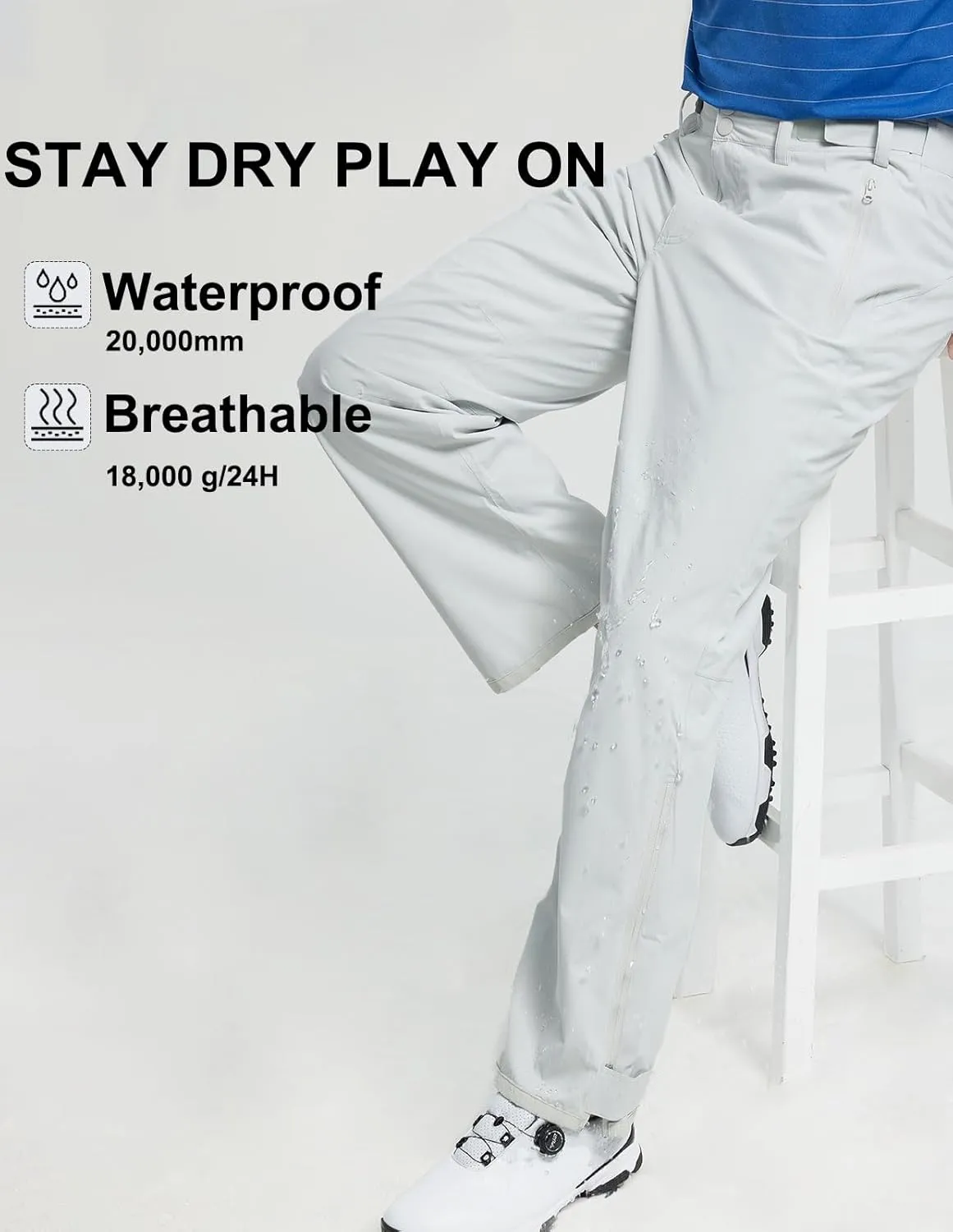 Men's Golf Pants Waterproof Comfort-Fit Rain Pants Lightweight Breathable Hiking Pants with Pockets
