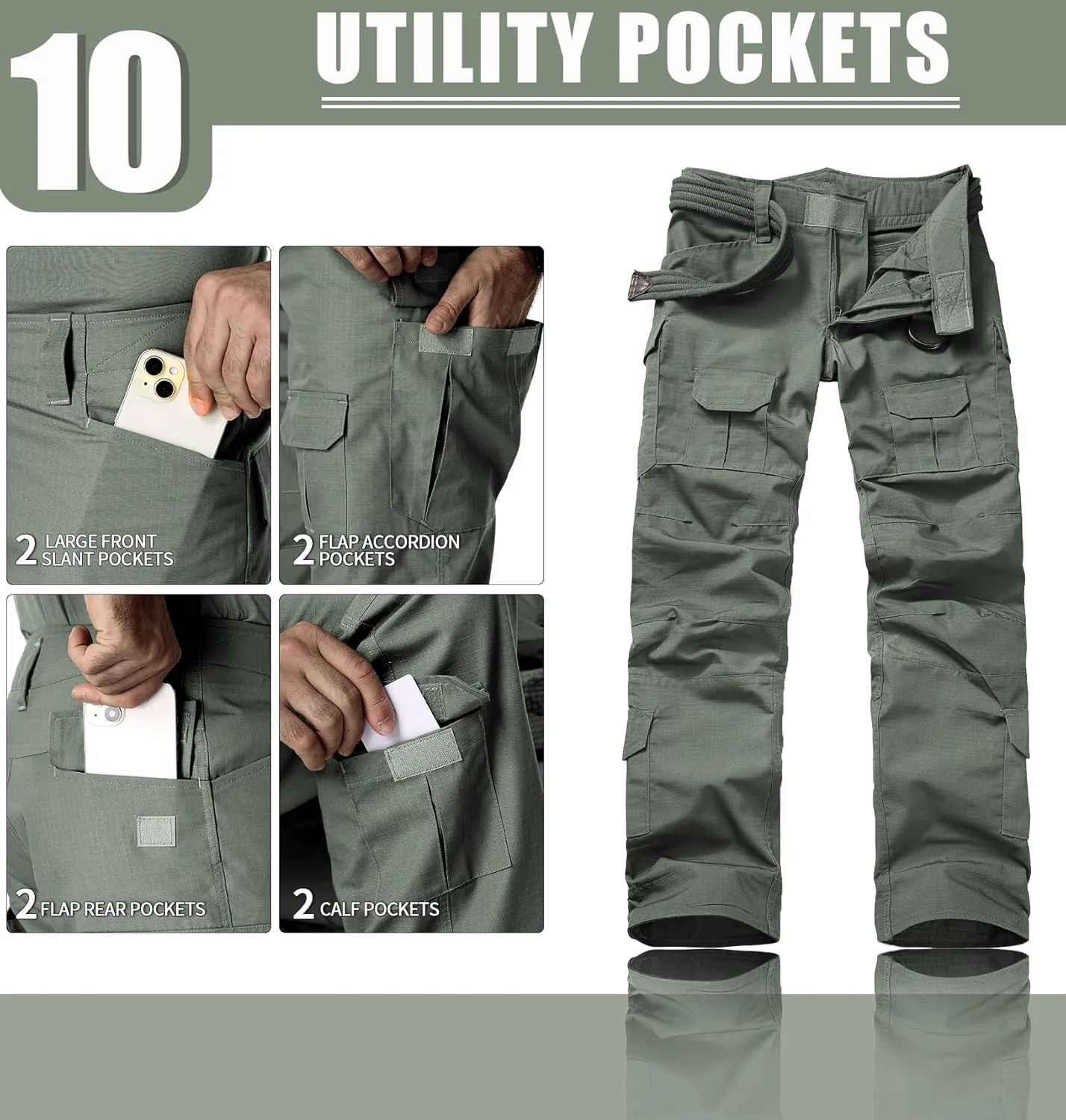 Men's Hiking Pants Water Resistant Tactical Pants Breathable Ripstop Work Cargo Pants with 10 Pockets