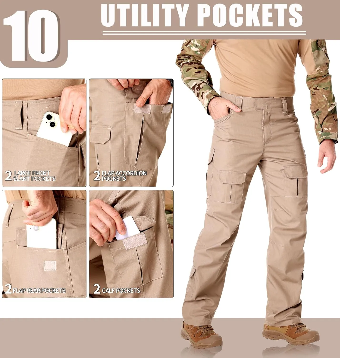 Men's Hiking Pants Water Resistant Tactical Pants Breathable Ripstop Work Cargo Pants with 10 Pockets