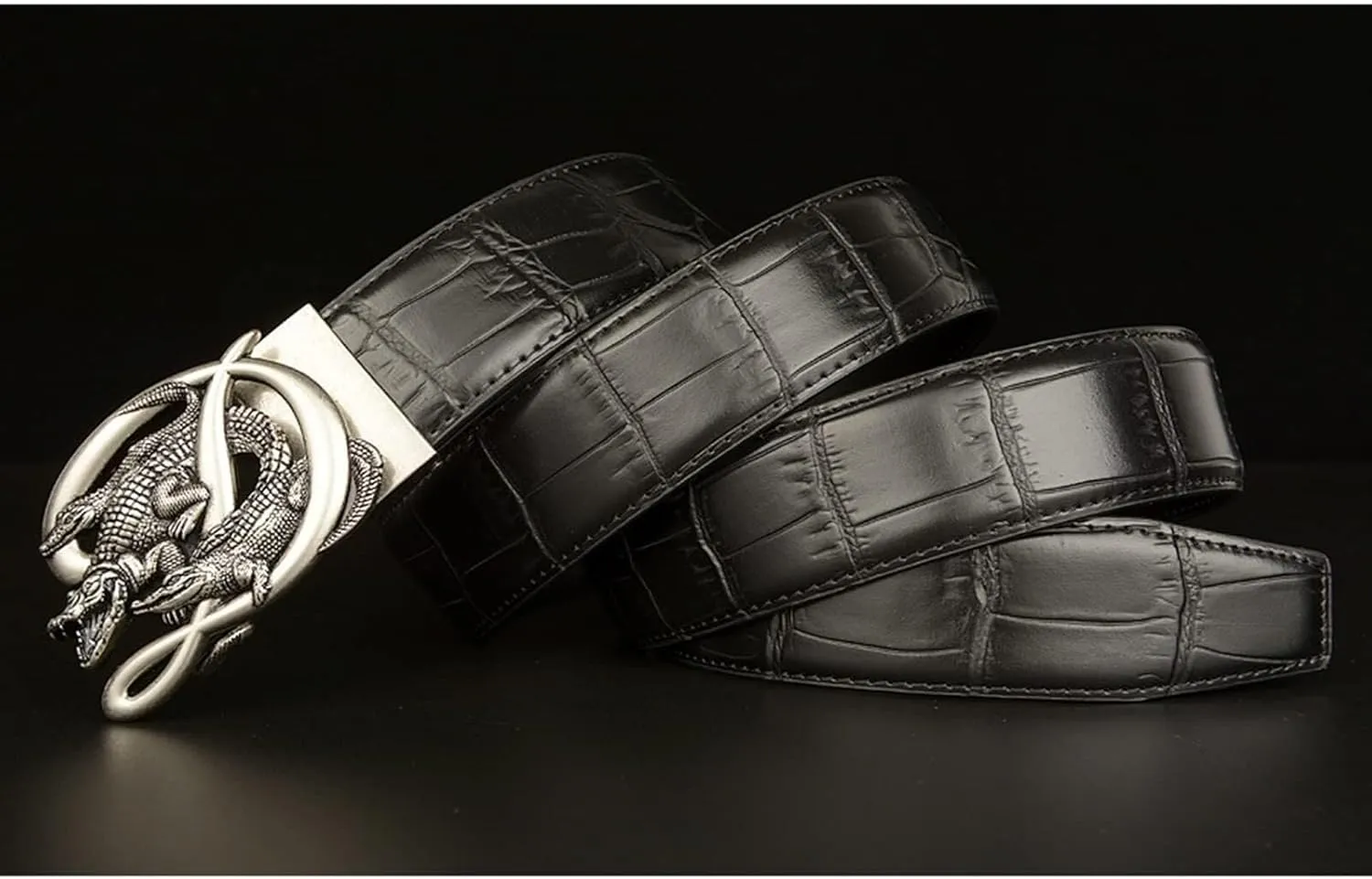 Men's Leather Alligator Pattern Ratchet Belts with Automatic Buckle Sliding Engraved 3 Crocodile for Business Dress