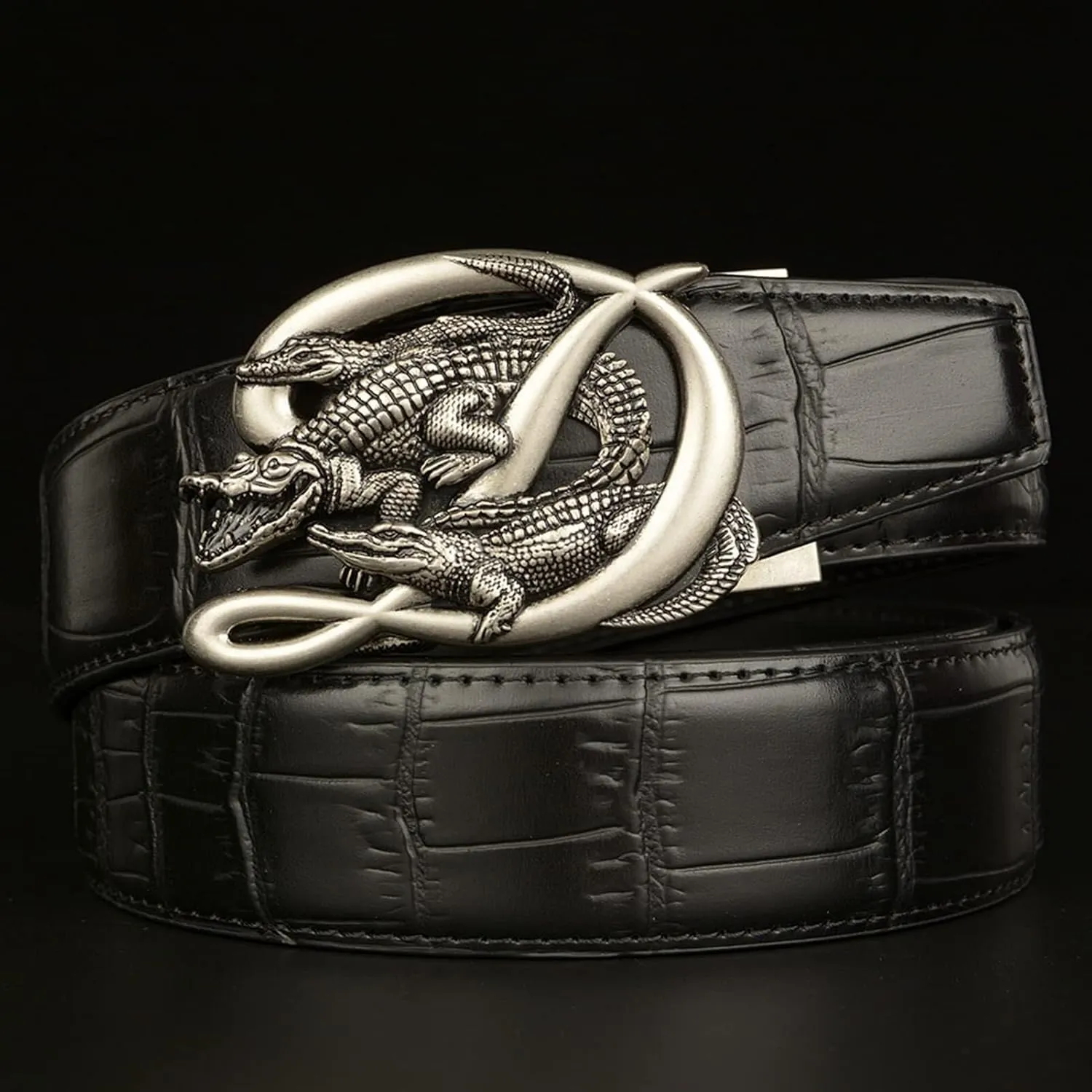 Men's Leather Alligator Pattern Ratchet Belts with Automatic Buckle Sliding Engraved 3 Crocodile for Business Dress