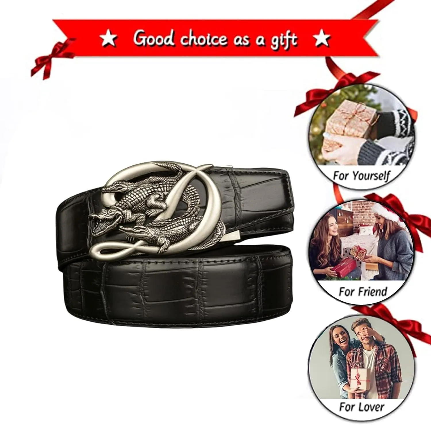 Men's Leather Alligator Pattern Ratchet Belts with Automatic Buckle Sliding Engraved 3 Crocodile for Business Dress
