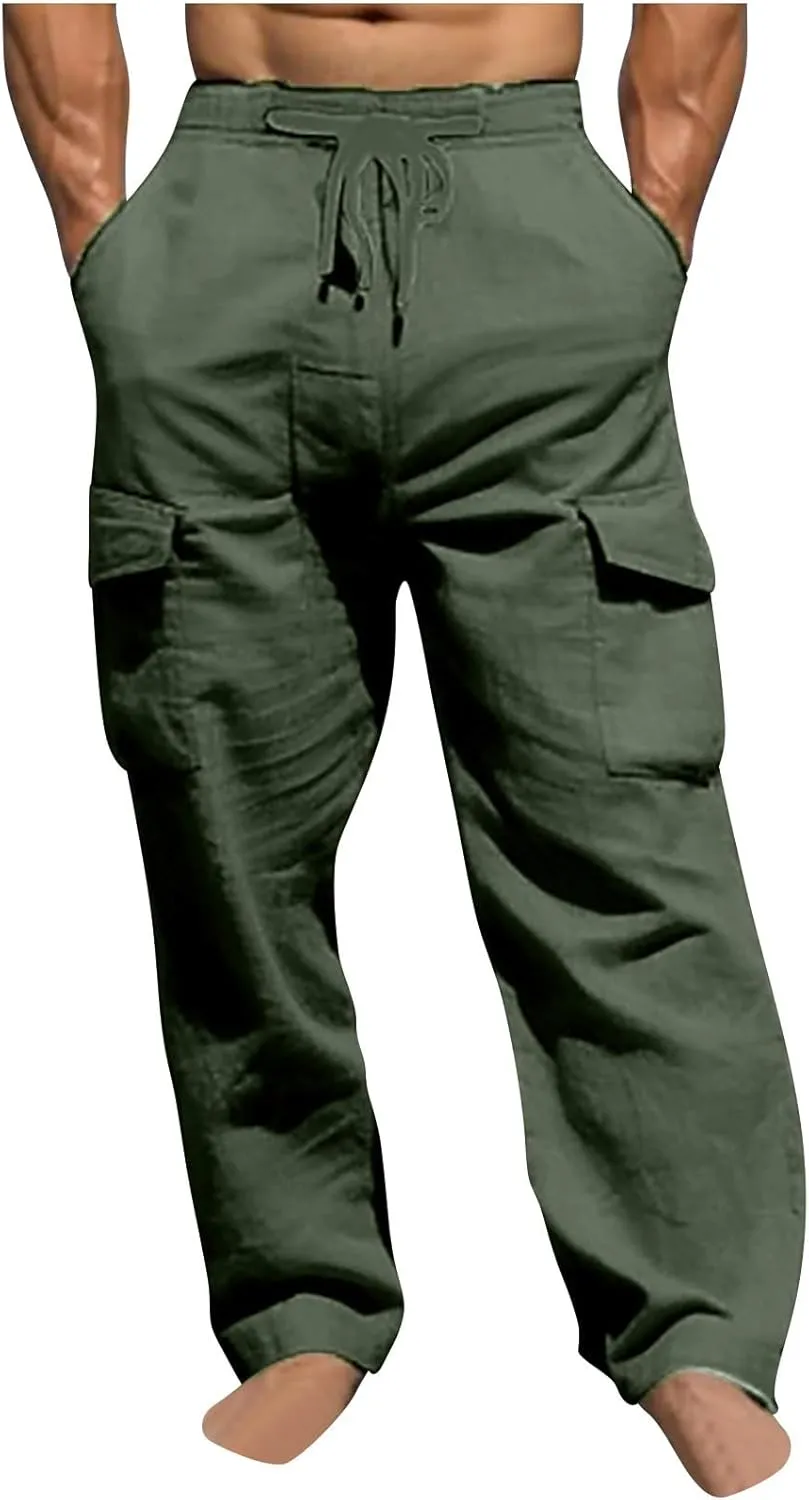 Men's Lightweight Linen Cargo Pants Breathable Multi Pockets Elastic Waist Drawstring Baggy Style Beach Trousers