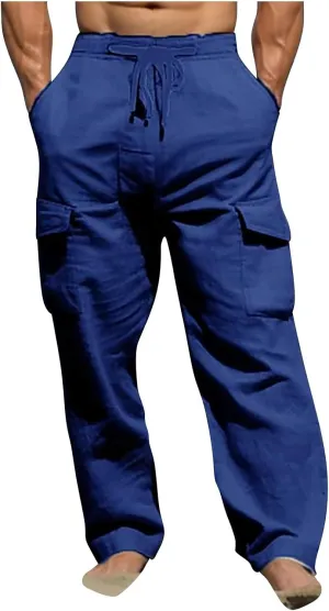 Men's Lightweight Linen Cargo Pants Breathable Multi Pockets Elastic Waist Drawstring Baggy Style Beach Trousers