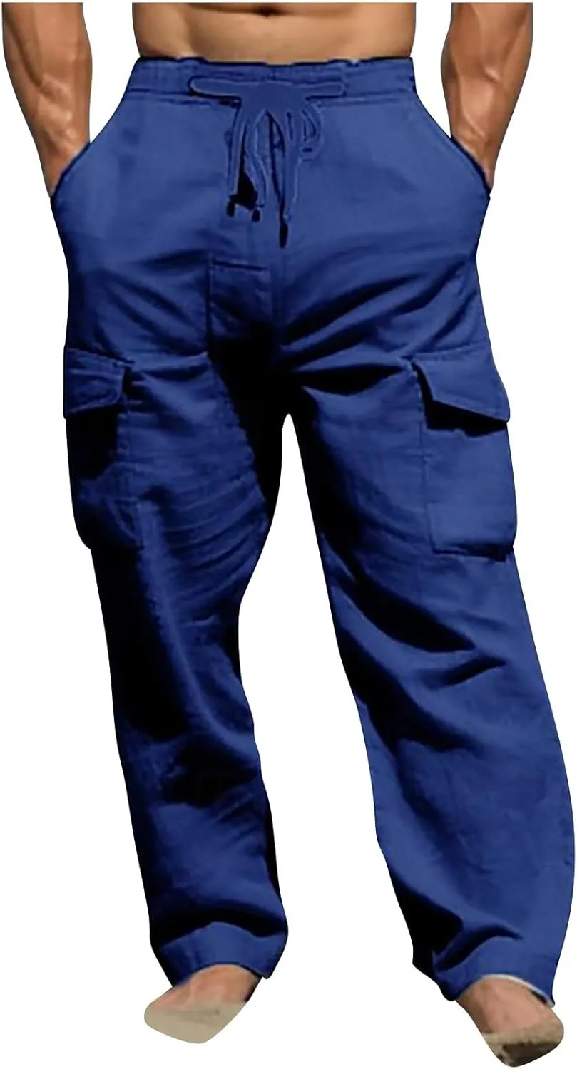 Men's Lightweight Linen Cargo Pants Breathable Multi Pockets Elastic Waist Drawstring Baggy Style Beach Trousers