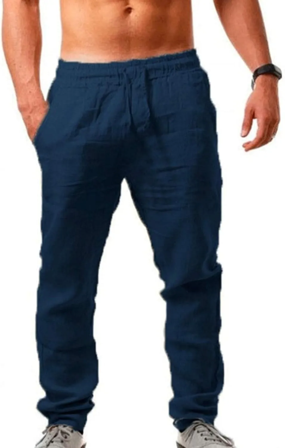 Men's Linen Pants Casual Pants Summer Beach Trousers Drawstring Yoga Pants Loose Fit Elastic Waist Pants