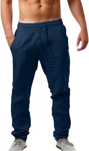 Mens Linen Pants, Lightweight Drawstring Elastic Waist Casual Fitting Trousers, Solid Color Breathable Pants