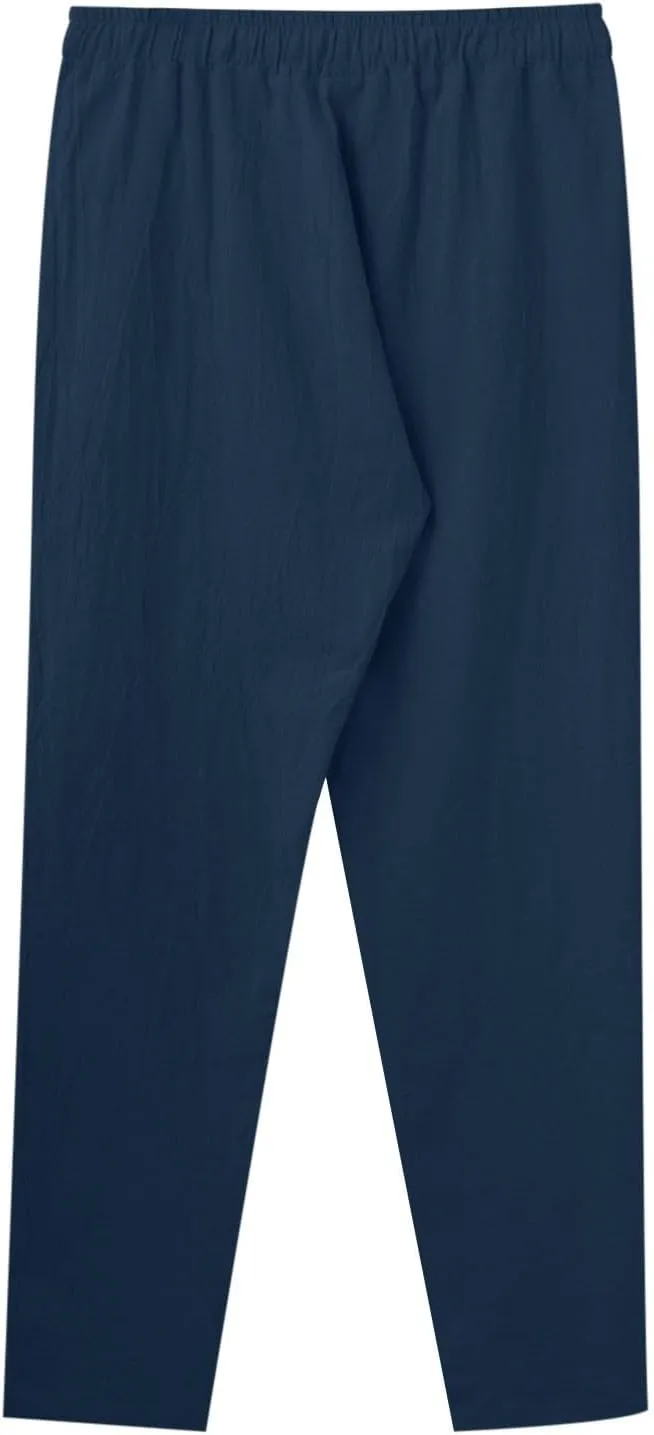 Mens Linen Pants, Lightweight Drawstring Elastic Waist Casual Fitting Trousers, Solid Color Breathable Pants