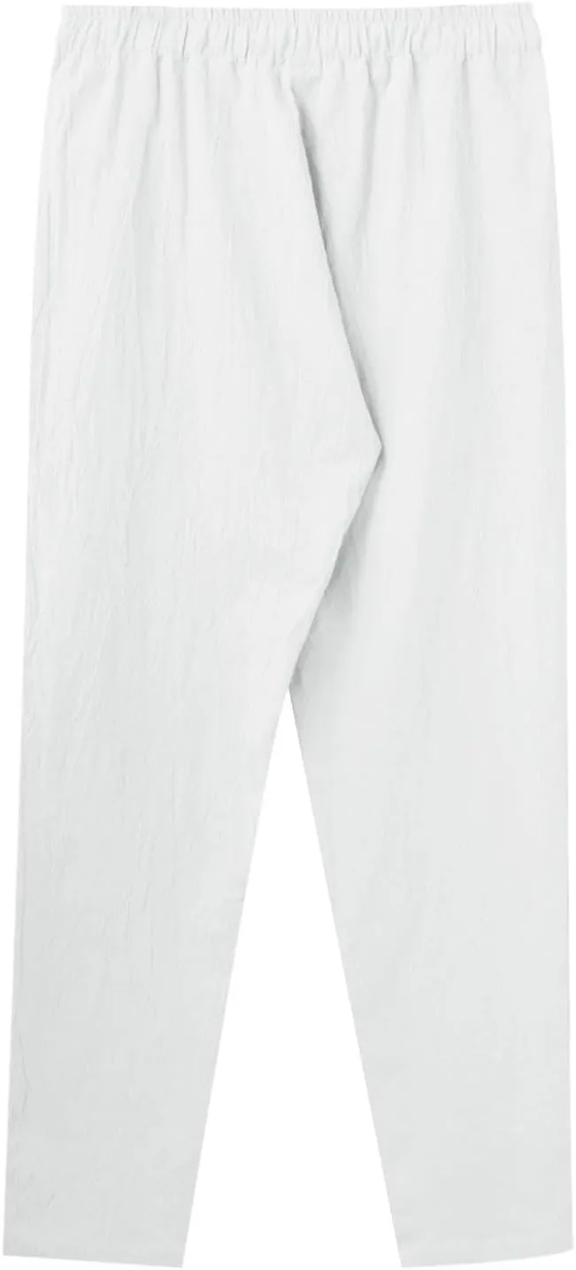 Mens Linen Pants, Lightweight Drawstring Elastic Waist Casual Fitting Trousers, Solid Color Breathable Pants