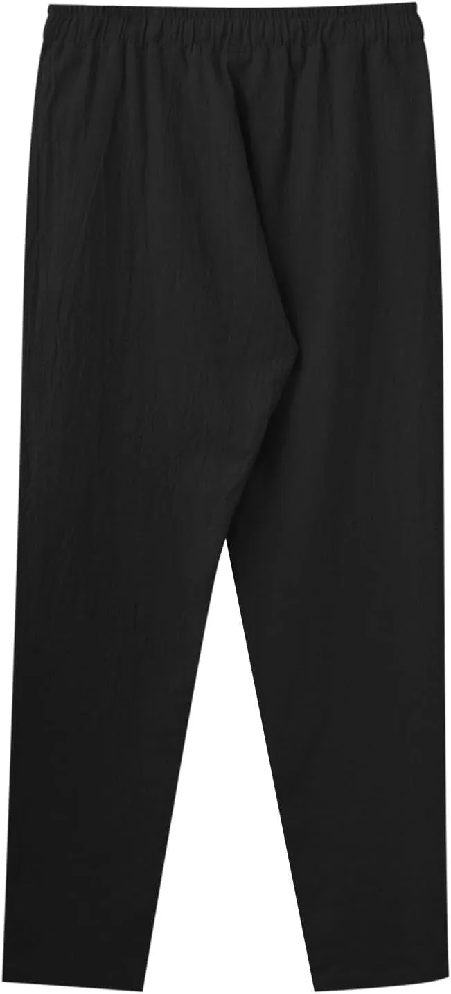 Mens Linen Pants, Lightweight Drawstring Elastic Waist Casual Fitting Trousers, Solid Color Breathable Pants