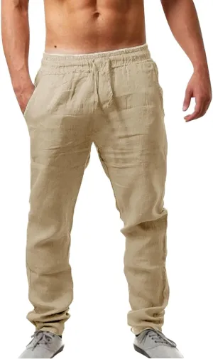 Mens Linen Pants, Lightweight Drawstring Elastic Waist Casual Fitting Trousers, Solid Color Breathable Pants
