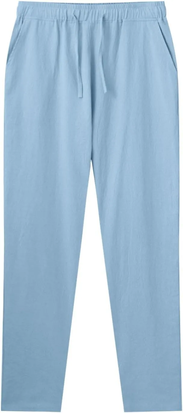 Mens Linen Pants, Lightweight Drawstring Elastic Waist Casual Fitting Trousers, Solid Color Breathable Pants