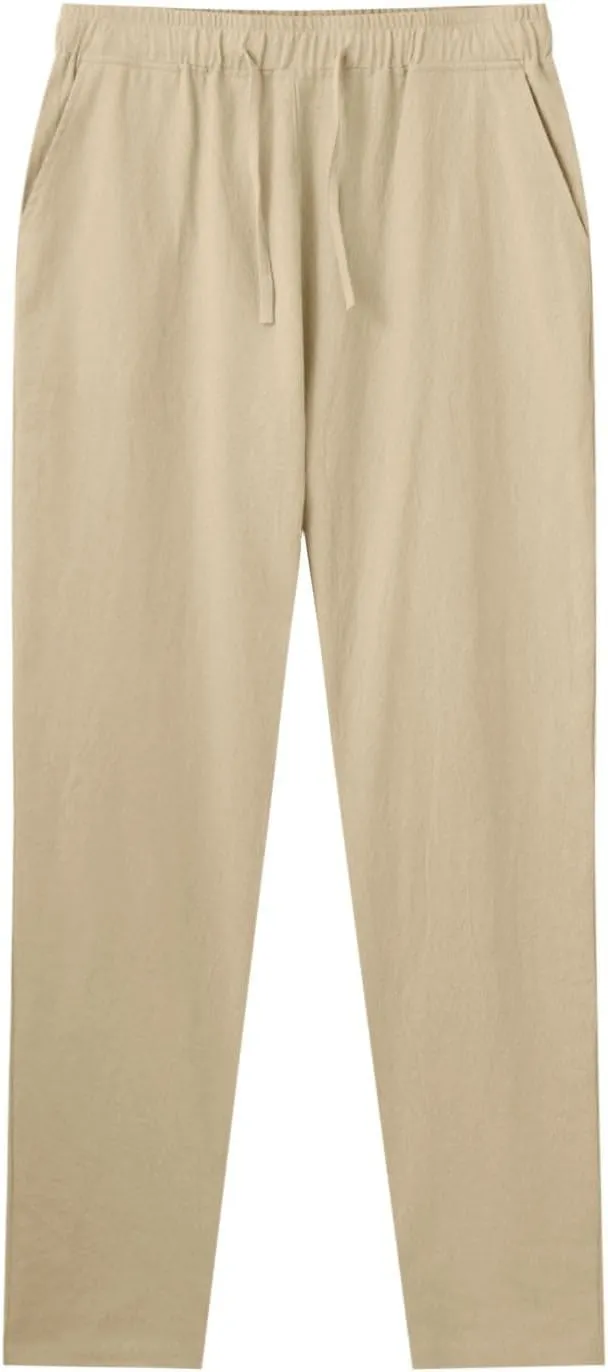 Mens Linen Pants, Lightweight Drawstring Elastic Waist Casual Fitting Trousers, Solid Color Breathable Pants