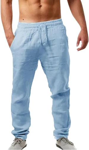 Mens Linen Pants, Lightweight Drawstring Elastic Waist Casual Fitting Trousers, Solid Color Breathable Pants