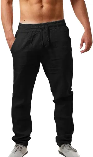 Mens Linen Pants, Lightweight Drawstring Elastic Waist Casual Fitting Trousers, Solid Color Breathable Pants