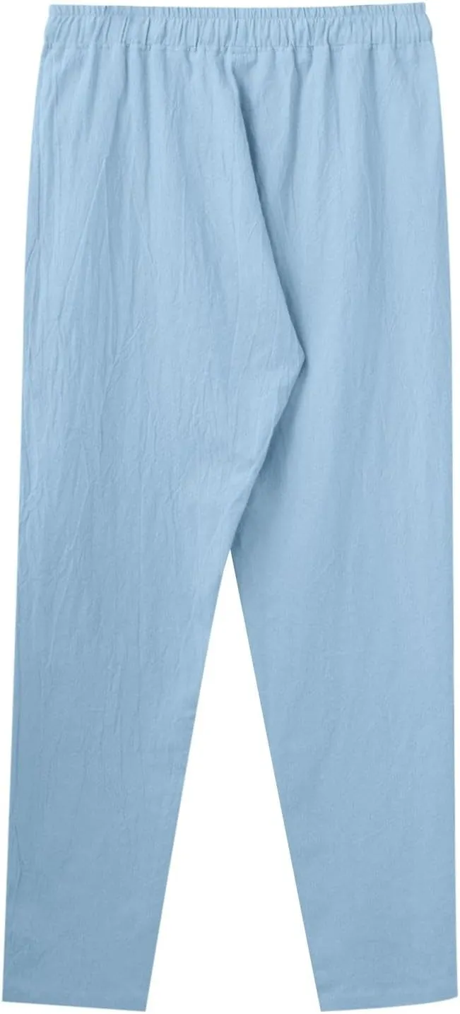 Mens Linen Pants, Lightweight Drawstring Elastic Waist Casual Fitting Trousers, Solid Color Breathable Pants