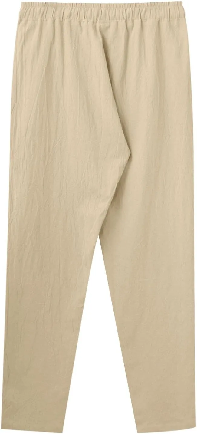 Mens Linen Pants, Lightweight Drawstring Elastic Waist Casual Fitting Trousers, Solid Color Breathable Pants
