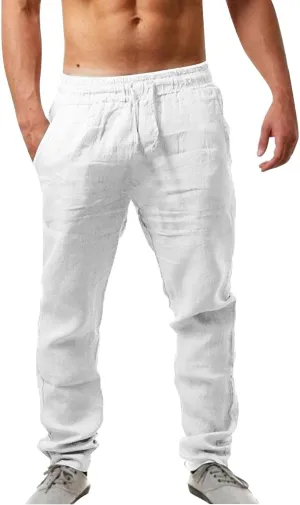 Mens Linen Pants, Lightweight Drawstring Elastic Waist Casual Fitting Trousers, Solid Color Breathable Pants