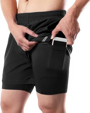 Men's Shorts, 2-in-1 Men Running Shorts with Towel Loop Pockets Quick Dry Exercise Shorts for Training Gym Workout Black