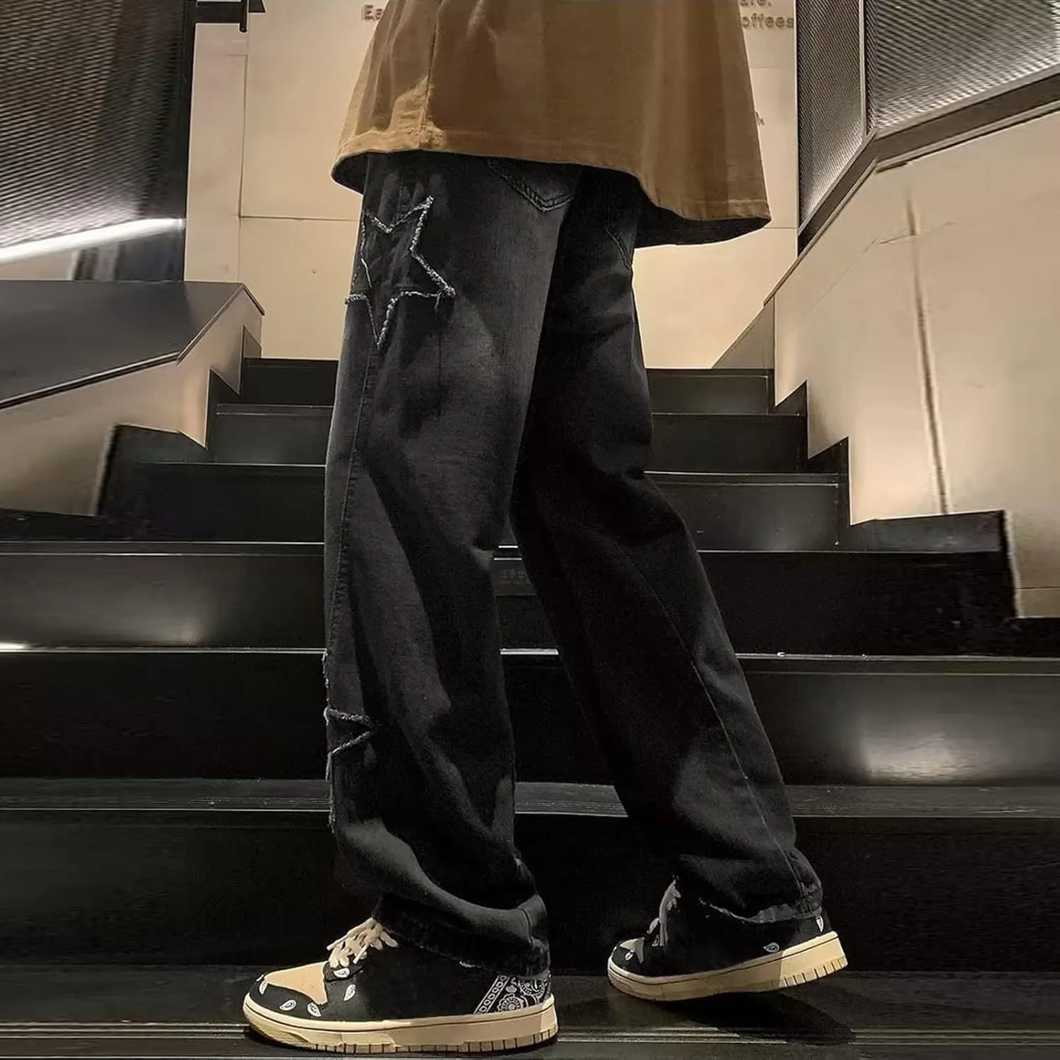 Mens Y2k Jeans Star High Waisted Hip Hop Y2K Streetwear Jeans Loose Baggy Embroidery Aesthetic Harajuku Denim Pants Trousers