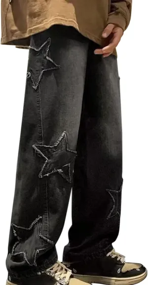 Mens Y2k Jeans Star High Waisted Hip Hop Y2K Streetwear Jeans Loose Baggy Embroidery Aesthetic Harajuku Denim Pants Trousers