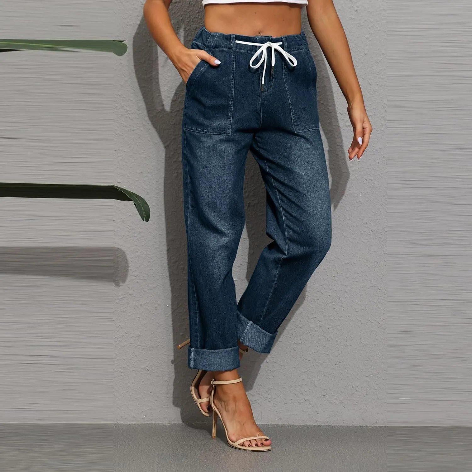 midelxp Stretchy Straight Leg Jeans for Women Baggy Drawstring Elastic Waist Jeans Y2k Boyfriend Denim Pants with Pockets