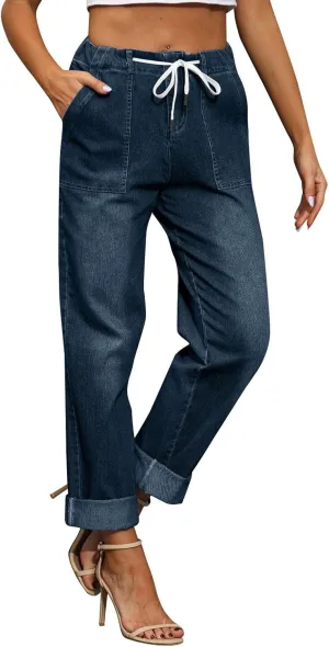 midelxp Stretchy Straight Leg Jeans for Women Baggy Drawstring Elastic Waist Jeans Y2k Boyfriend Denim Pants with Pockets