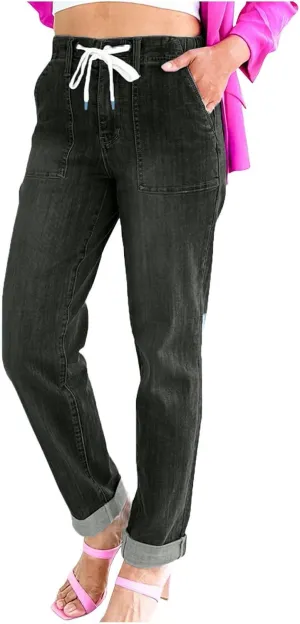 midelxp Stretchy Straight Leg Jeans for Women Baggy Drawstring Elastic Waist Jeans Y2k Boyfriend Denim Pants with Pockets