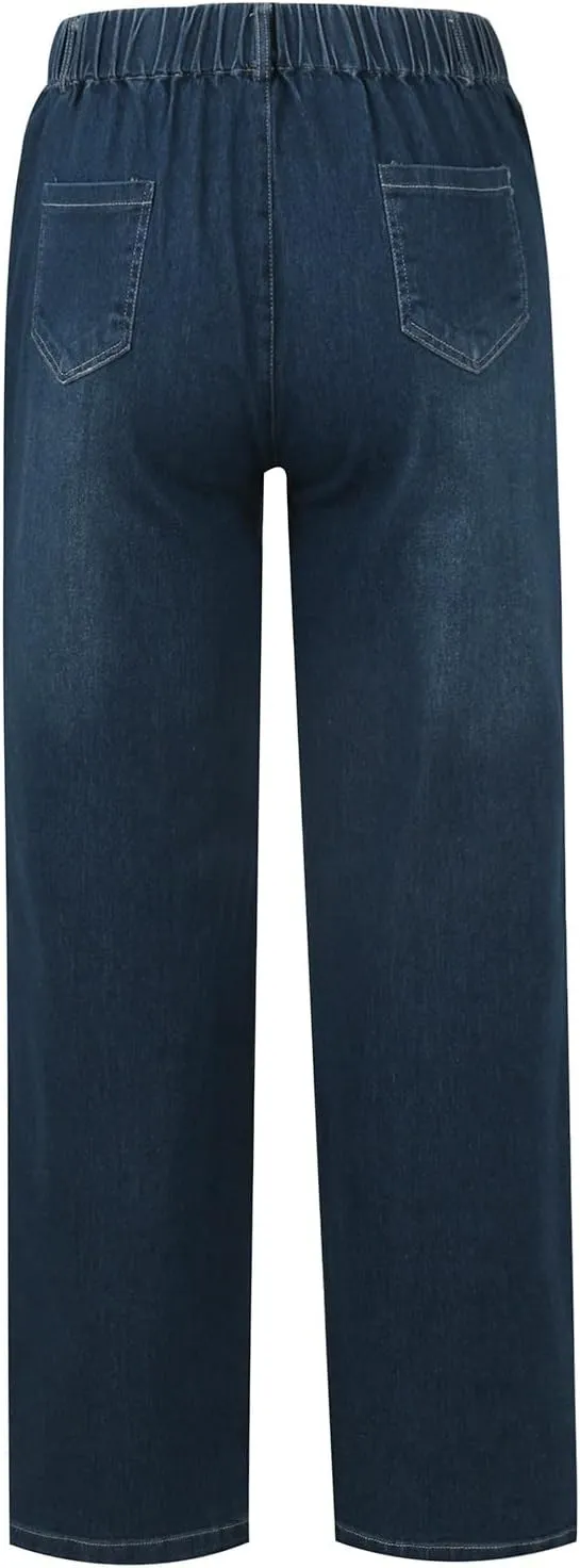 midelxp Stretchy Straight Leg Jeans for Women Baggy Drawstring Elastic Waist Jeans Y2k Boyfriend Denim Pants with Pockets