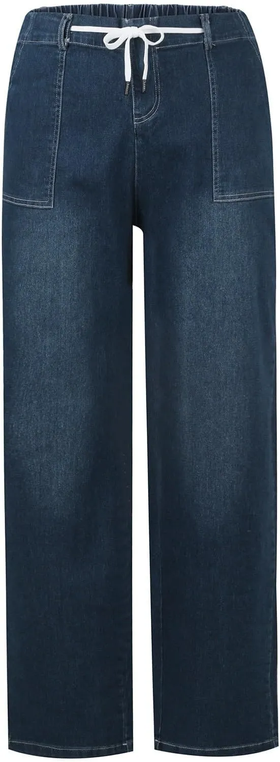 midelxp Stretchy Straight Leg Jeans for Women Baggy Drawstring Elastic Waist Jeans Y2k Boyfriend Denim Pants with Pockets