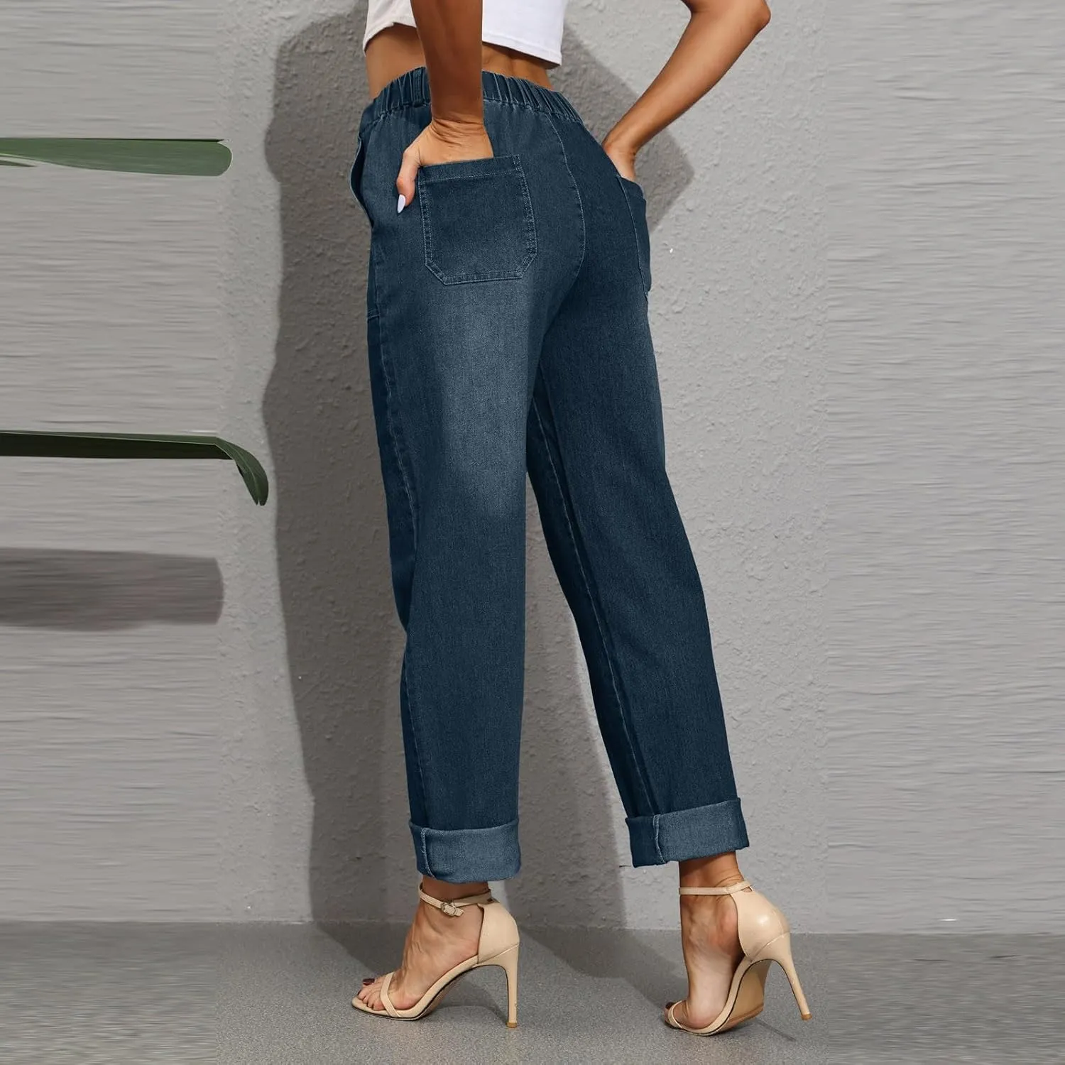 midelxp Stretchy Straight Leg Jeans for Women Baggy Drawstring Elastic Waist Jeans Y2k Boyfriend Denim Pants with Pockets