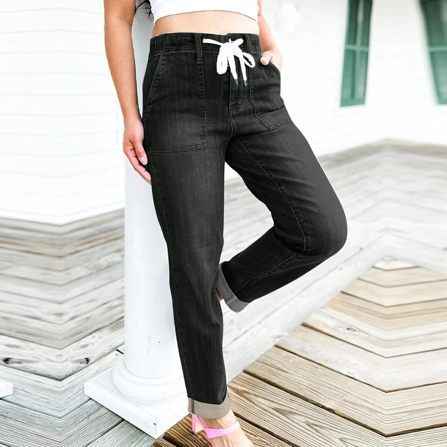 midelxp Stretchy Straight Leg Jeans for Women Baggy Drawstring Elastic Waist Jeans Y2k Boyfriend Denim Pants with Pockets