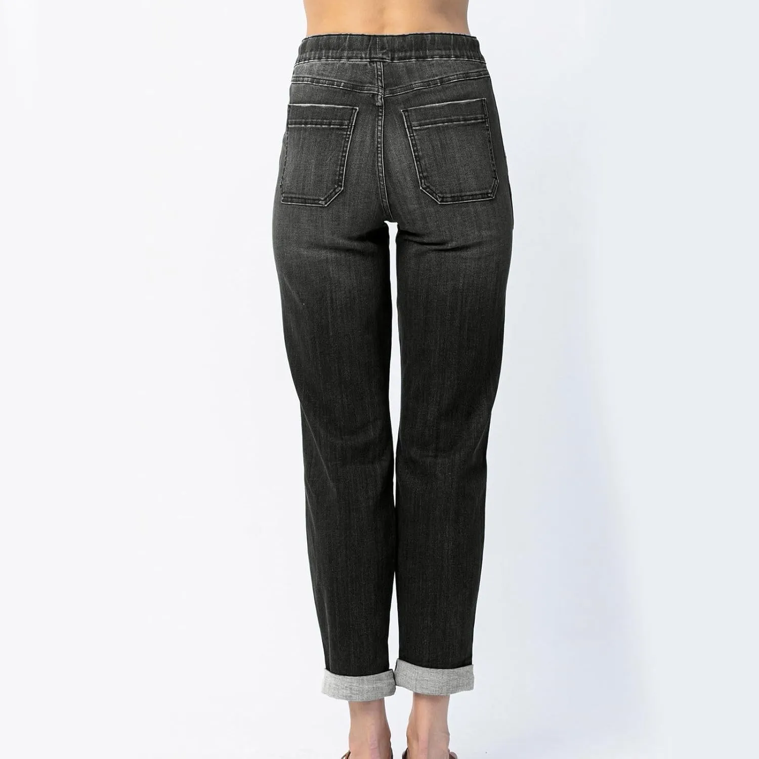 midelxp Stretchy Straight Leg Jeans for Women Baggy Drawstring Elastic Waist Jeans Y2k Boyfriend Denim Pants with Pockets