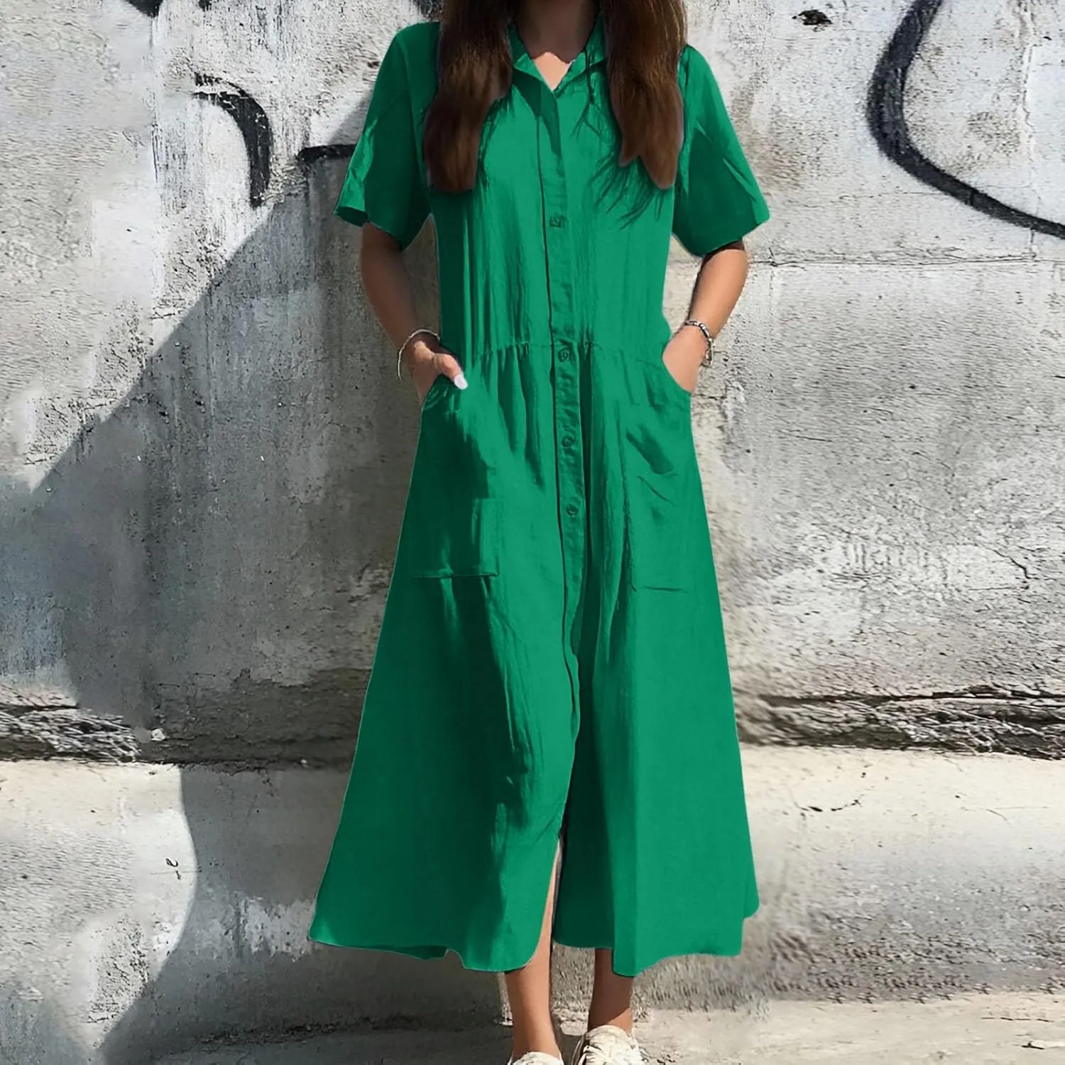 Midi Dresses for Women 2025 Summer Comfy V Neck Solid Color Collared Dresses Bikini Swimsuit Coverup Beach Dress
