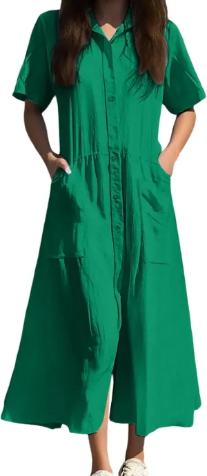 Midi Dresses for Women 2025 Summer Comfy V Neck Solid Color Collared Dresses Bikini Swimsuit Coverup Beach Dress