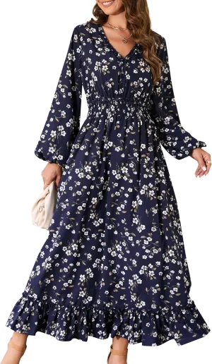 MISSKY Casual V Neck Boho Floral Print Wedding Guest Maxi Dresses for Women Bohemian Flowy Maxi Dress
