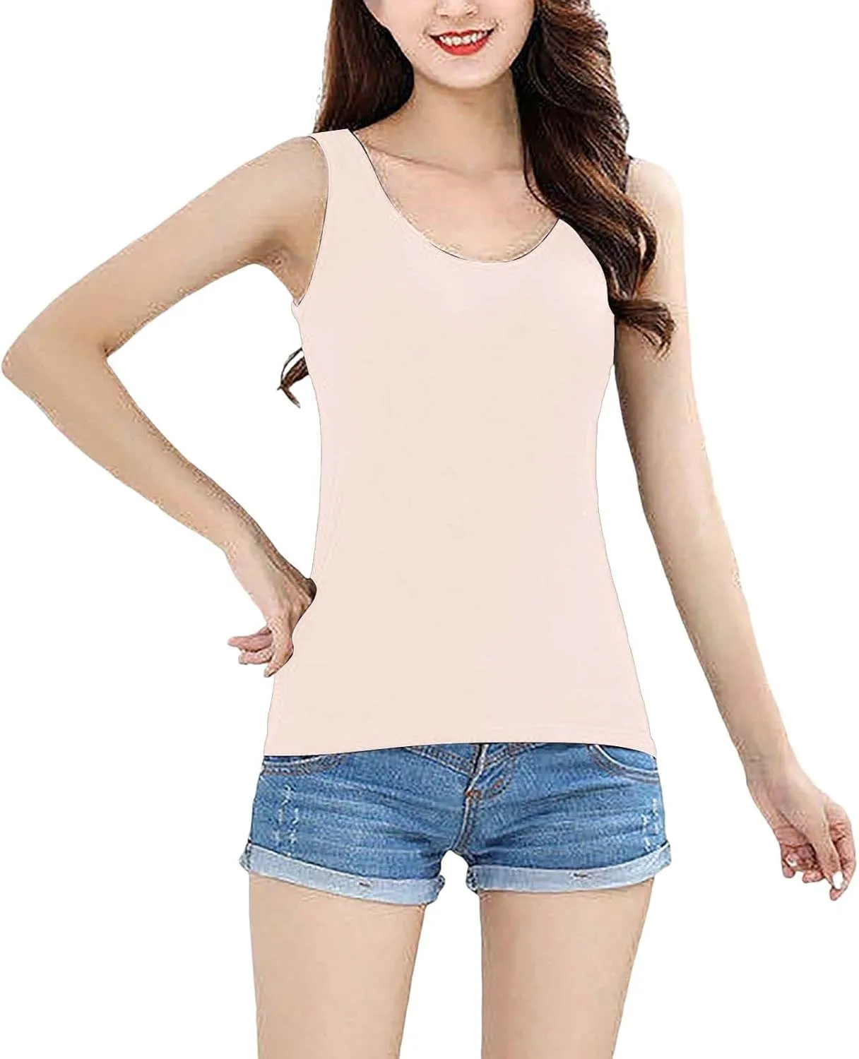Miyaomn Women's Tank Top with Built in Bras 2025 Summer Strappy Basic Layer Padded Cami Shirts Casual Solid Workout Yoga Tops