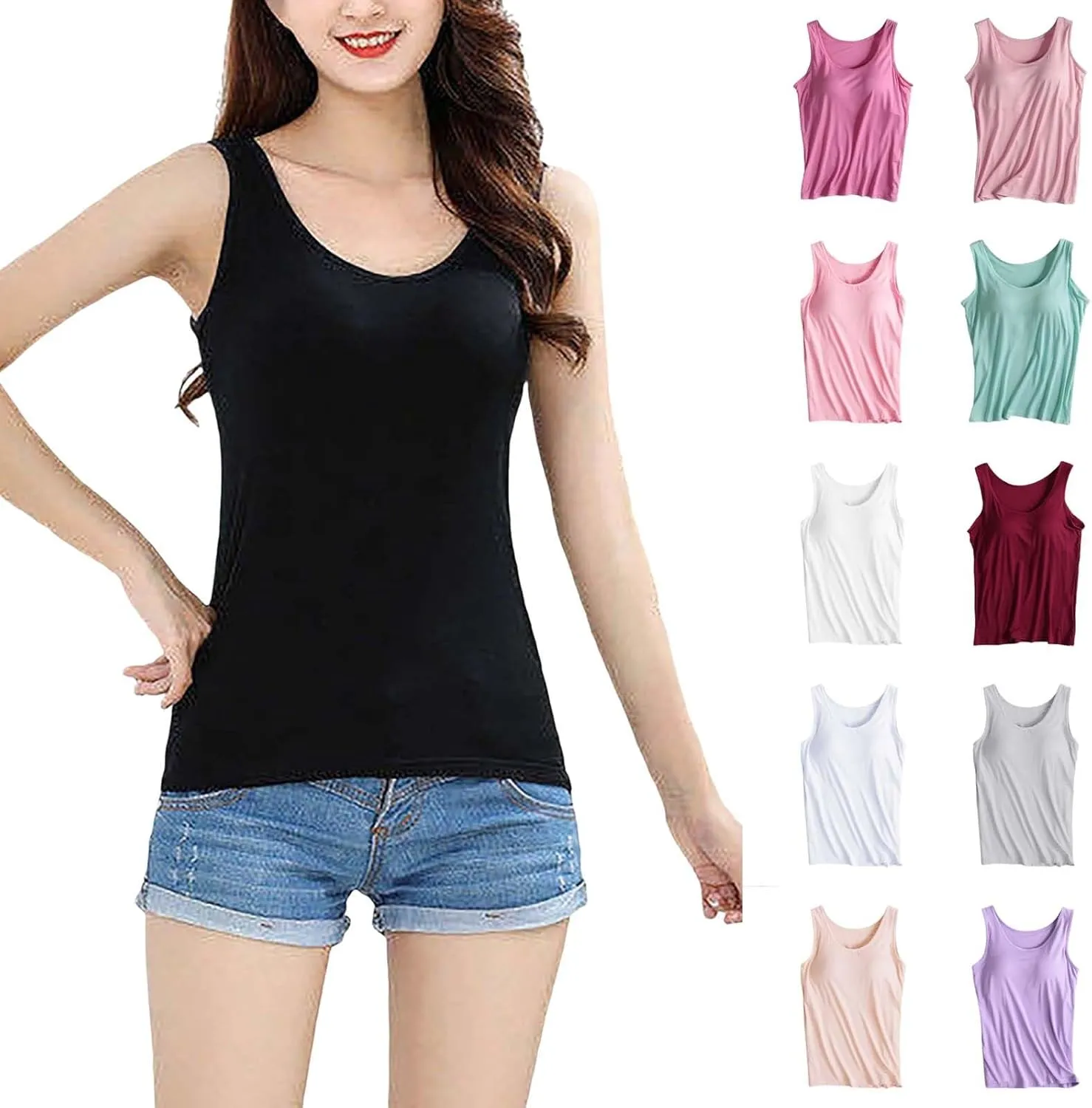 Miyaomn Women's Tank Top with Built in Bras 2025 Summer Strappy Basic Layer Padded Cami Shirts Casual Solid Workout Yoga Tops