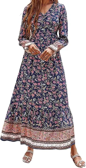 Mmoneyake Boho Dresses for Women 2024 Fall Long Sleeve V Neck Maxi Dresses High Waist Ruffle Flowy Long Dress Floral Dress