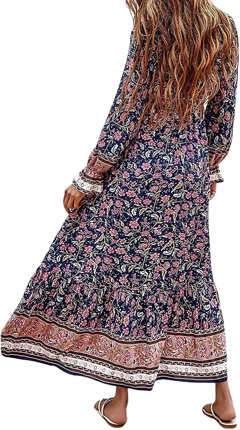 Mmoneyake Boho Dresses for Women 2024 Fall Long Sleeve V Neck Maxi Dresses High Waist Ruffle Flowy Long Dress Floral Dress