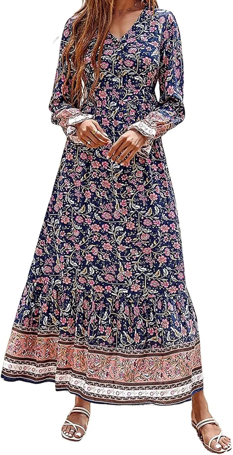 Mmoneyake Boho Dresses for Women 2024 Fall Long Sleeve V Neck Maxi Dresses High Waist Ruffle Flowy Long Dress Floral Dress