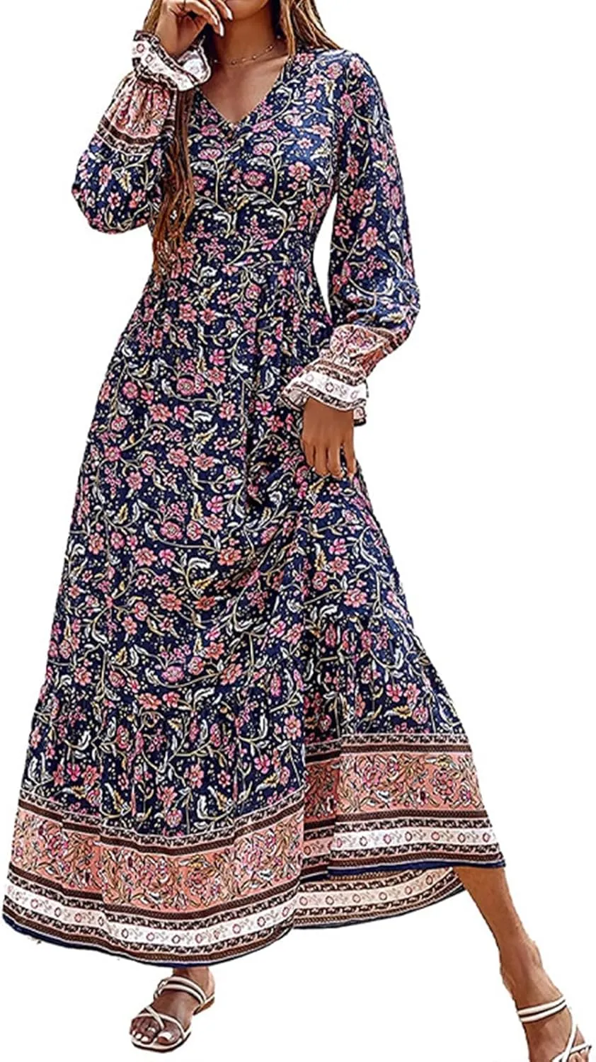 Mmoneyake Boho Dresses for Women 2024 Fall Long Sleeve V Neck Maxi Dresses High Waist Ruffle Flowy Long Dress Floral Dress