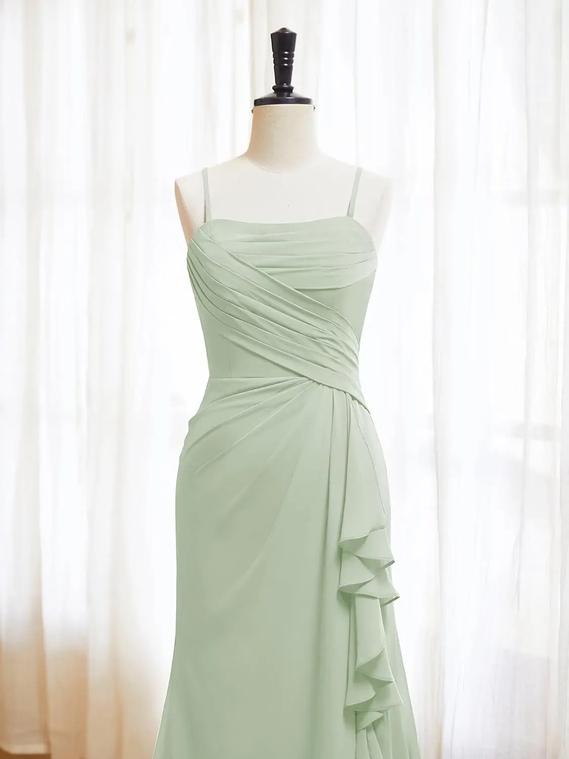 MYDRESS Pleated Chiffon Bridesmaid Dresses for Wedding Spaghetti Straps Bodycon Ruffled Evening Formal Gown