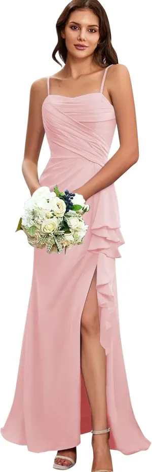 MYDRESS Pleated Chiffon Bridesmaid Dresses for Wedding Spaghetti Straps Bodycon Ruffled Evening Formal Gown